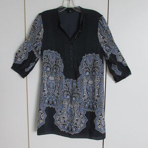 Banana Republic Dark Blue & White Silk Tunic/Mini Dress 3/4 Sleeve Sz XS